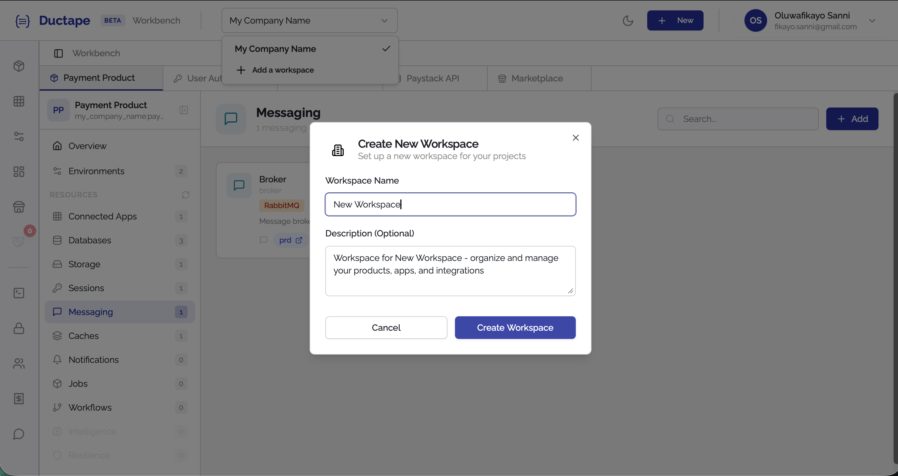 Create workspace modal showing Workspace Name and Description fields with the Create Workspace button